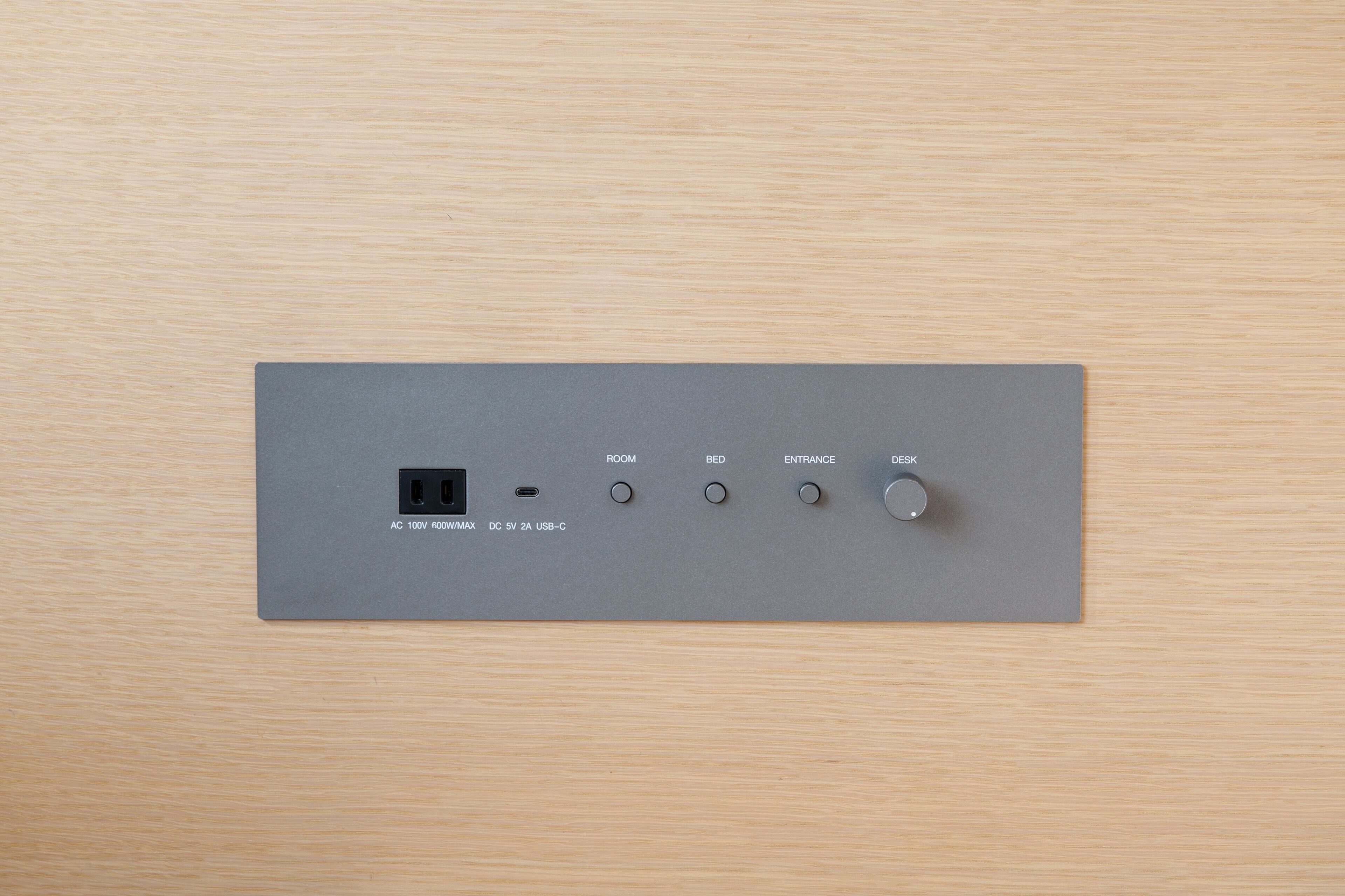 A power strip with multiple outlets and USB ports, labeled for room, bed, entrance, and desk use.