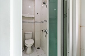 A bathroom with a toilet, a shower, and a glass-enclosed shower area.