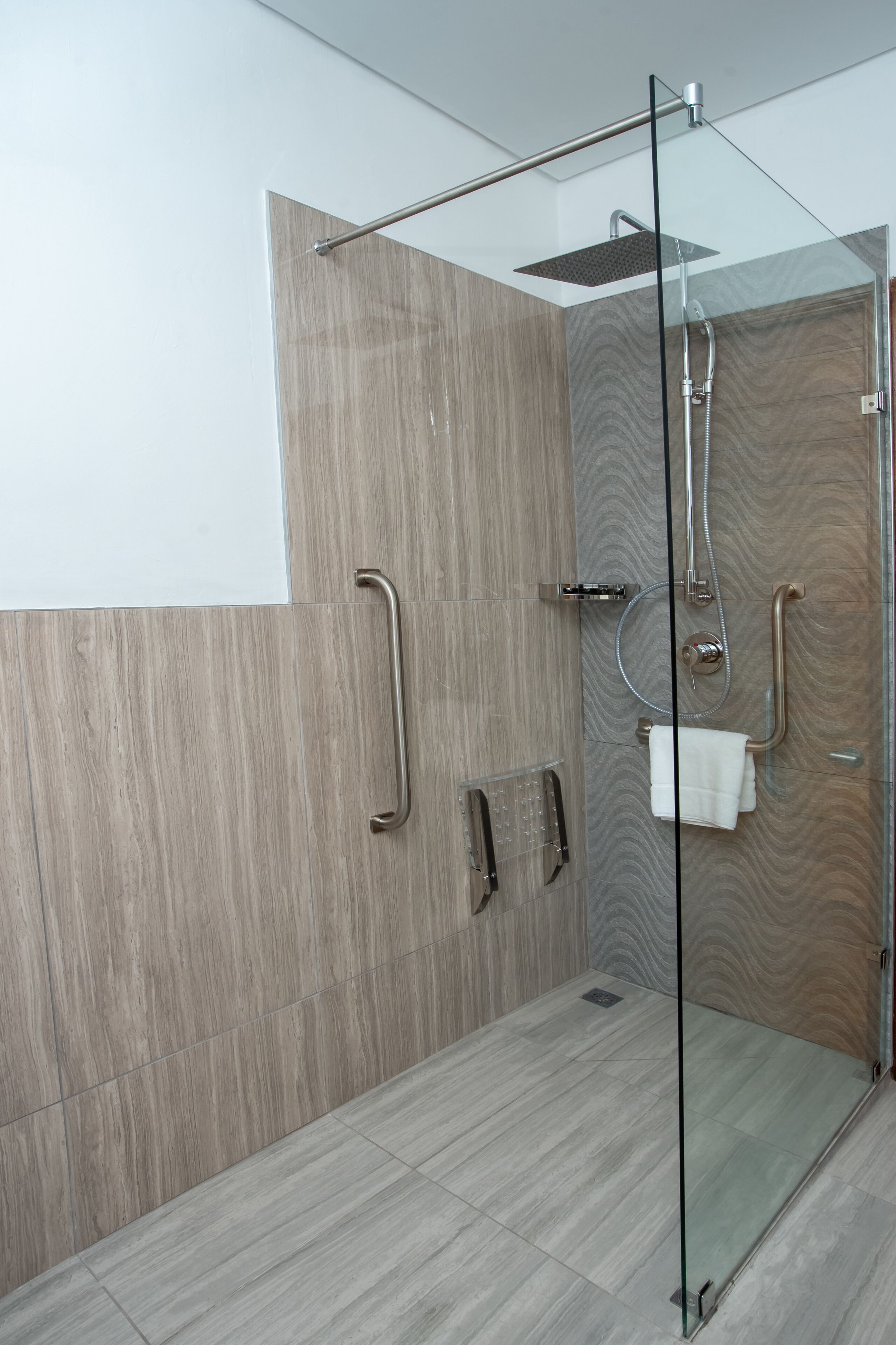 shower, slippers, towels, soap