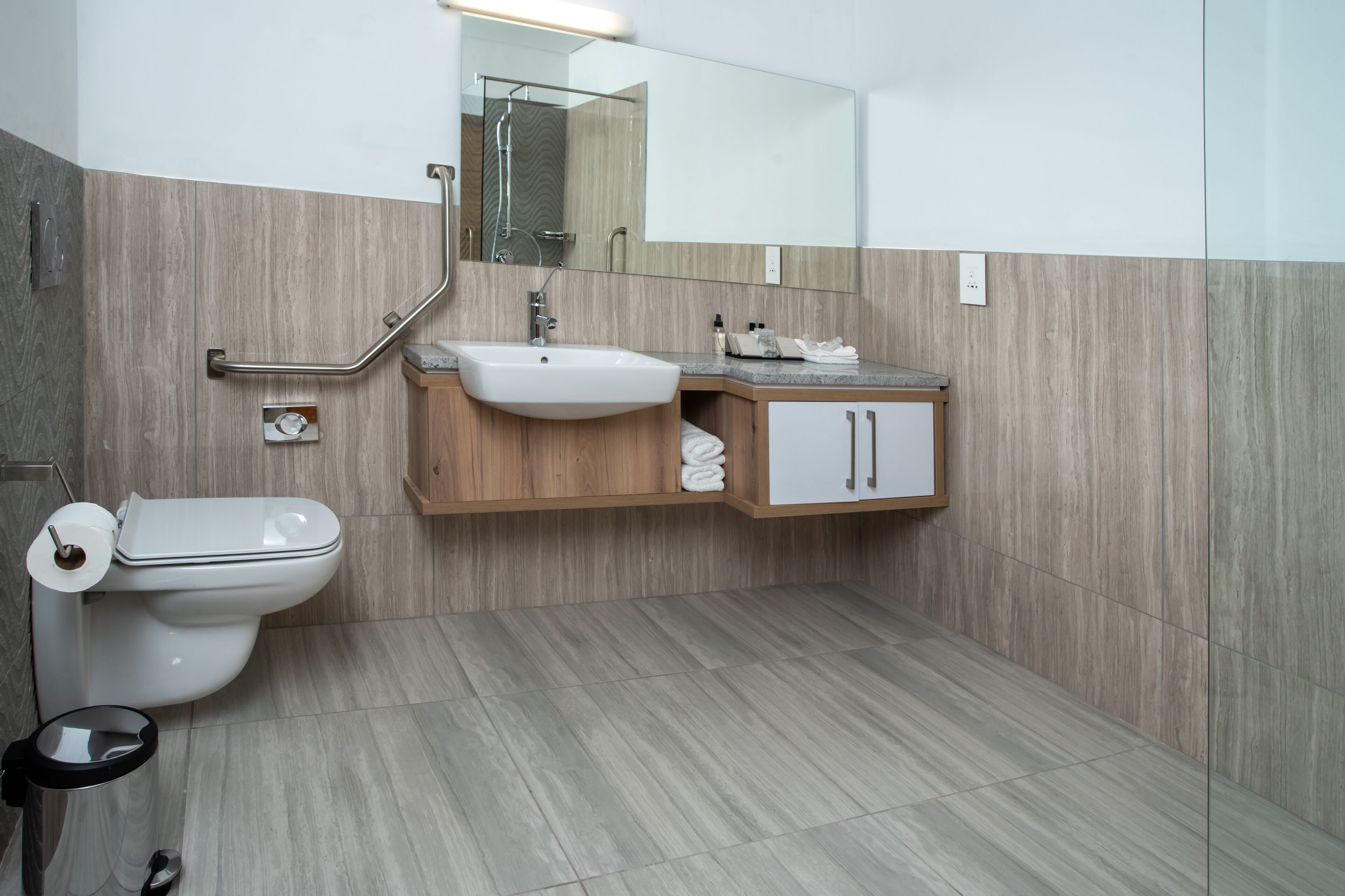 shower, slippers, towels, soap