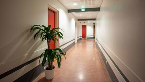 Un pasillo con una planta en maceta, puertas rojas y suelo de baldosas.