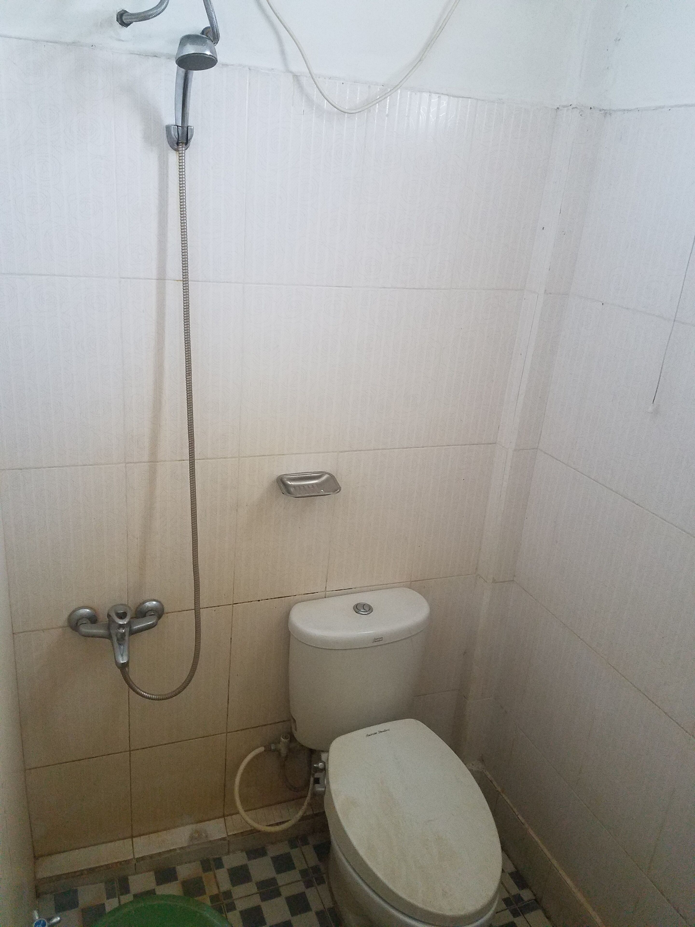 A small, compact bathroom with a toilet, a shower head, and a hand basin.