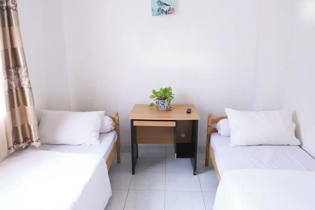 A small, clean room with two single beds, a wooden desk with a plant, and a small table.