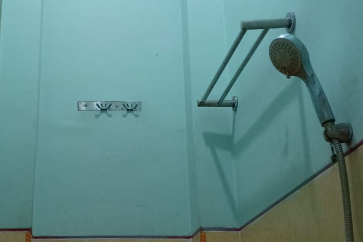 Baño con ducha, toallero e interruptor de luz en la pared.