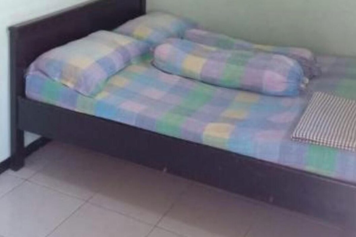 Una cama individual con colcha de cuadros en una habitación con paredes verde claro y suelo de baldosas.