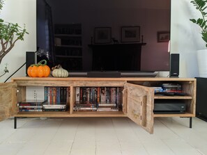 Smart TV, chimenea, reproductor de DVD y libros 