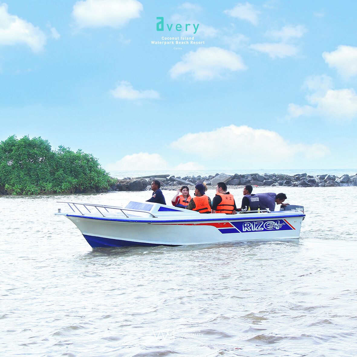 A boat with passengers wearing life jackets on a calm body of water.