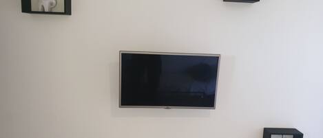 A television mounted on a white wall, flanked by three framed items: a plant, a rabbit figurine, and a vase.