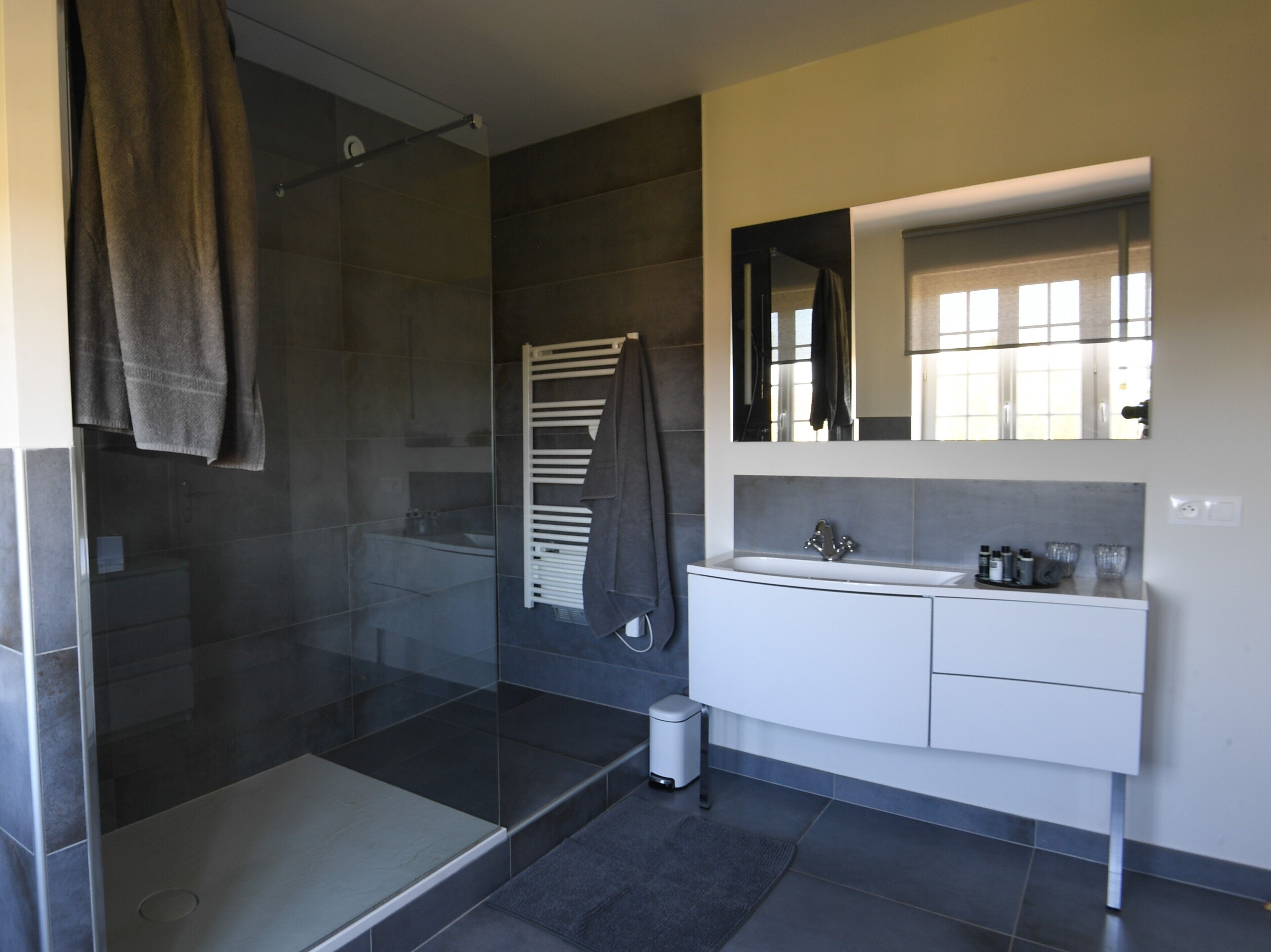 A modern bathroom with a glass shower enclosure, a white vanity with a mirror, and a towel rack.