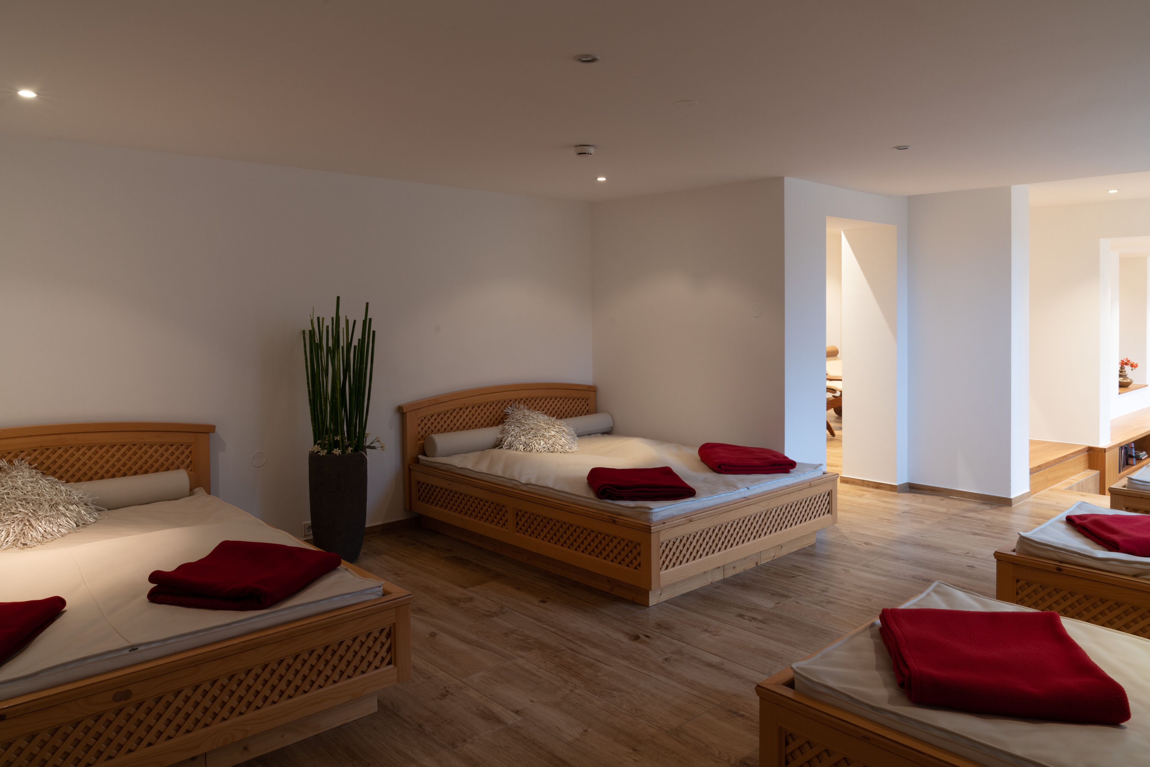 A hotel room with two wooden beds, a large potted plant, and a wooden floor.