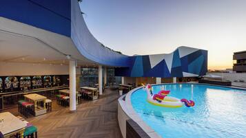 Outdoor pool, pool umbrellas, pool loungers