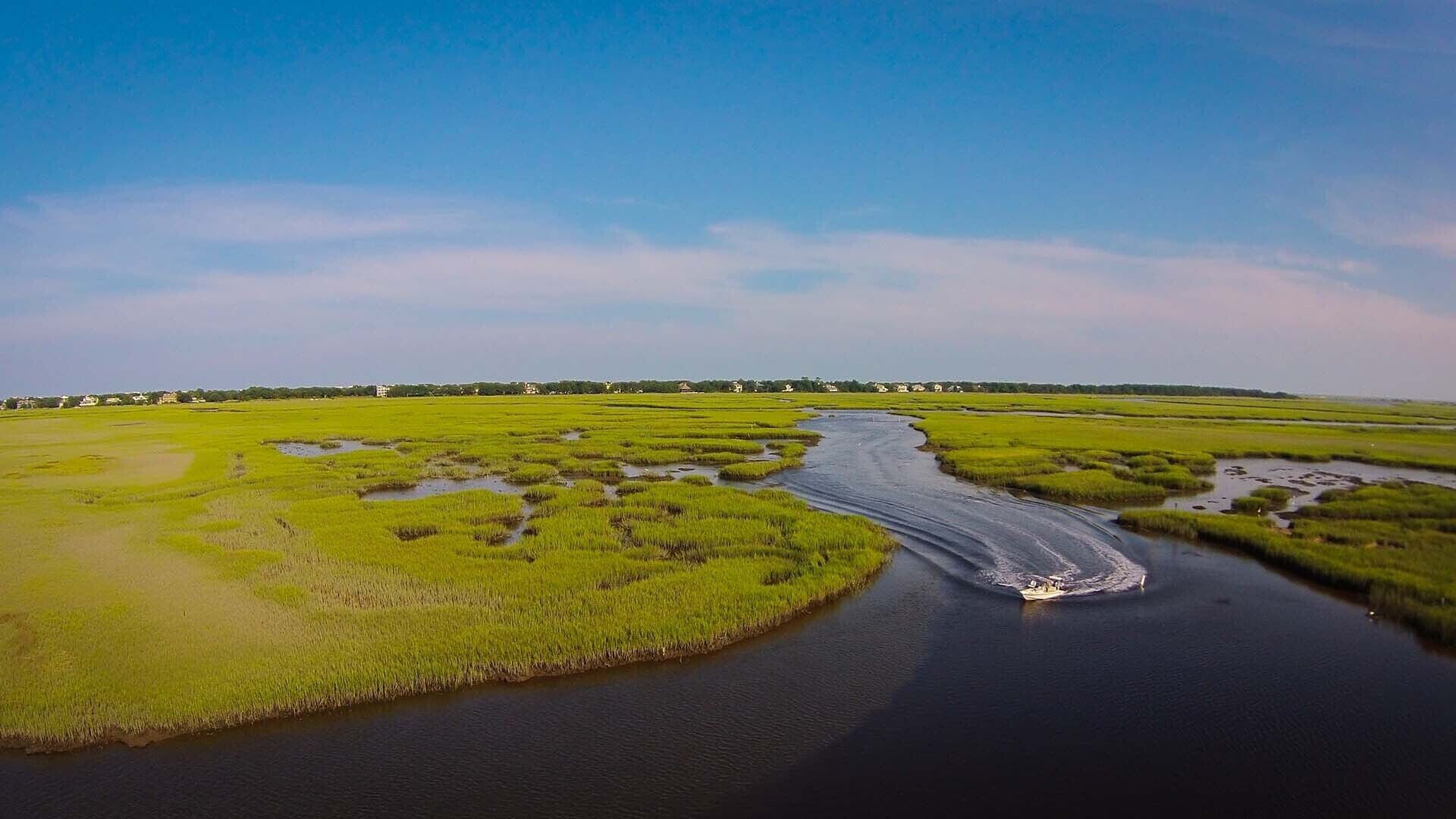 An aerial view of a river meandering through a green landscape with buildings in the distance.