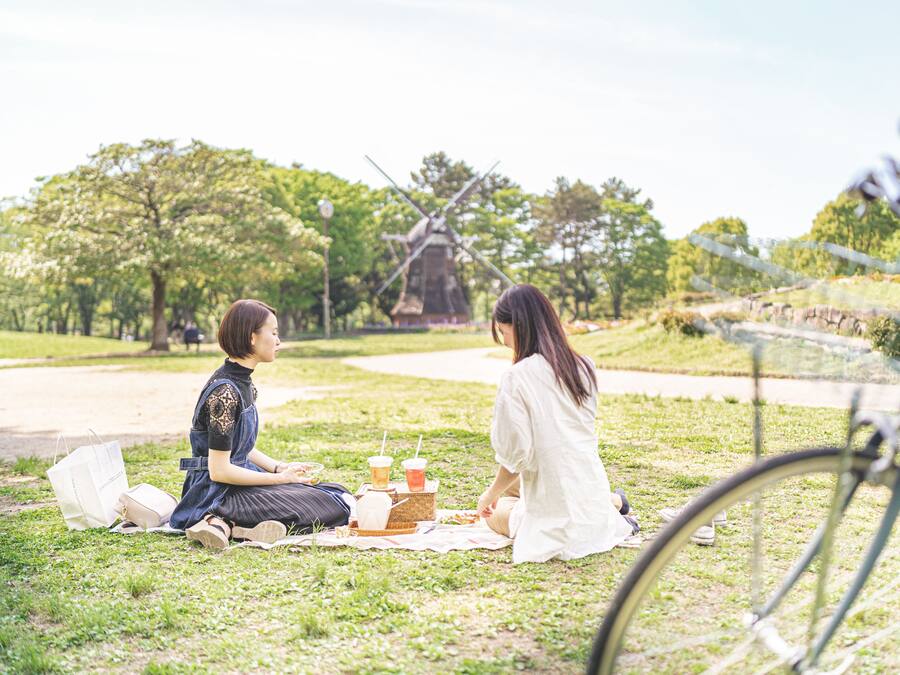 Two people sitting on a blanket in a park with a windmill in the background.