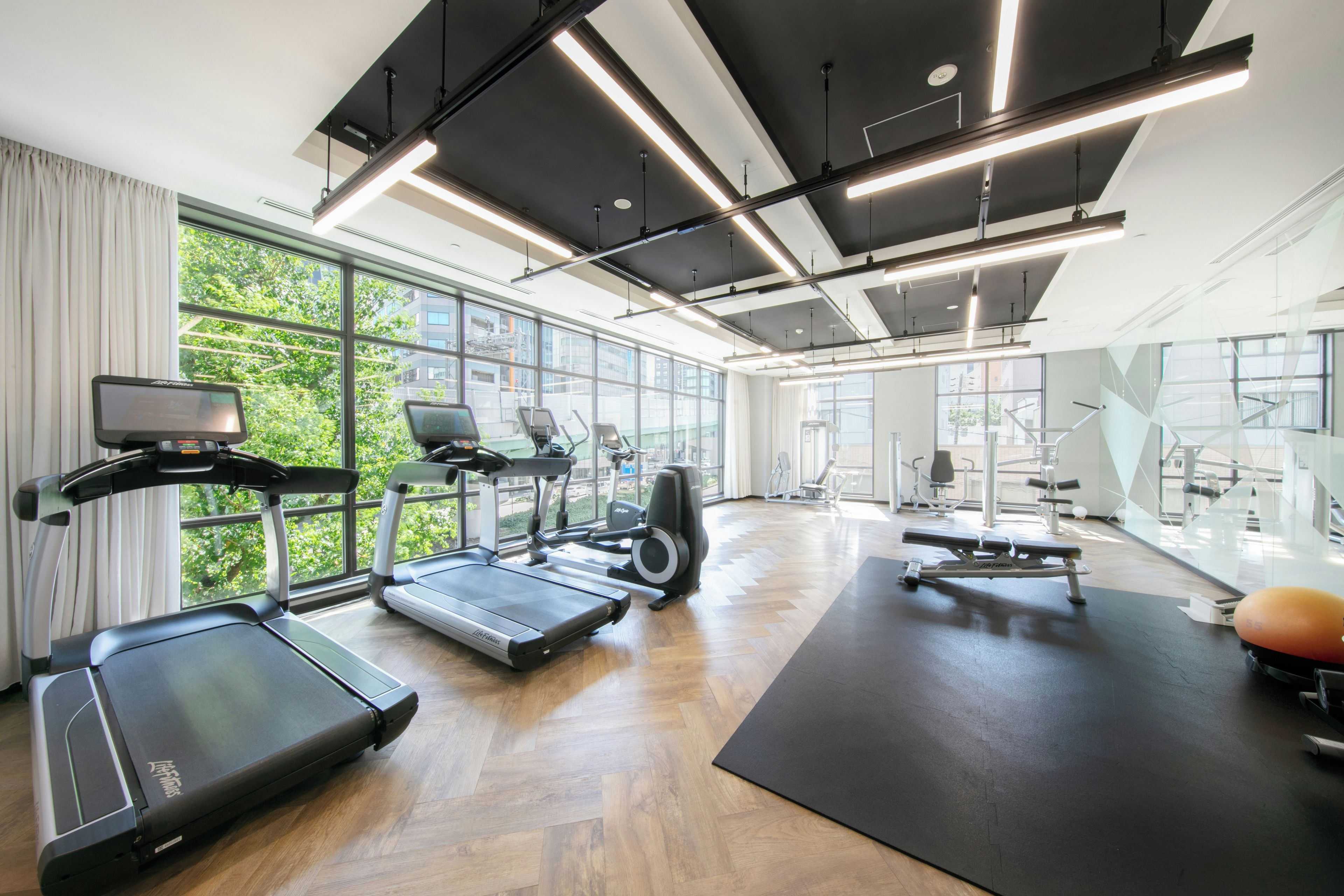 A modern gym with treadmills, exercise bikes, and free weights.