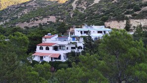 Conjunto de edificios blancos con detalles azules, rodeado de densos pinos verdes, con montañas al fondo.