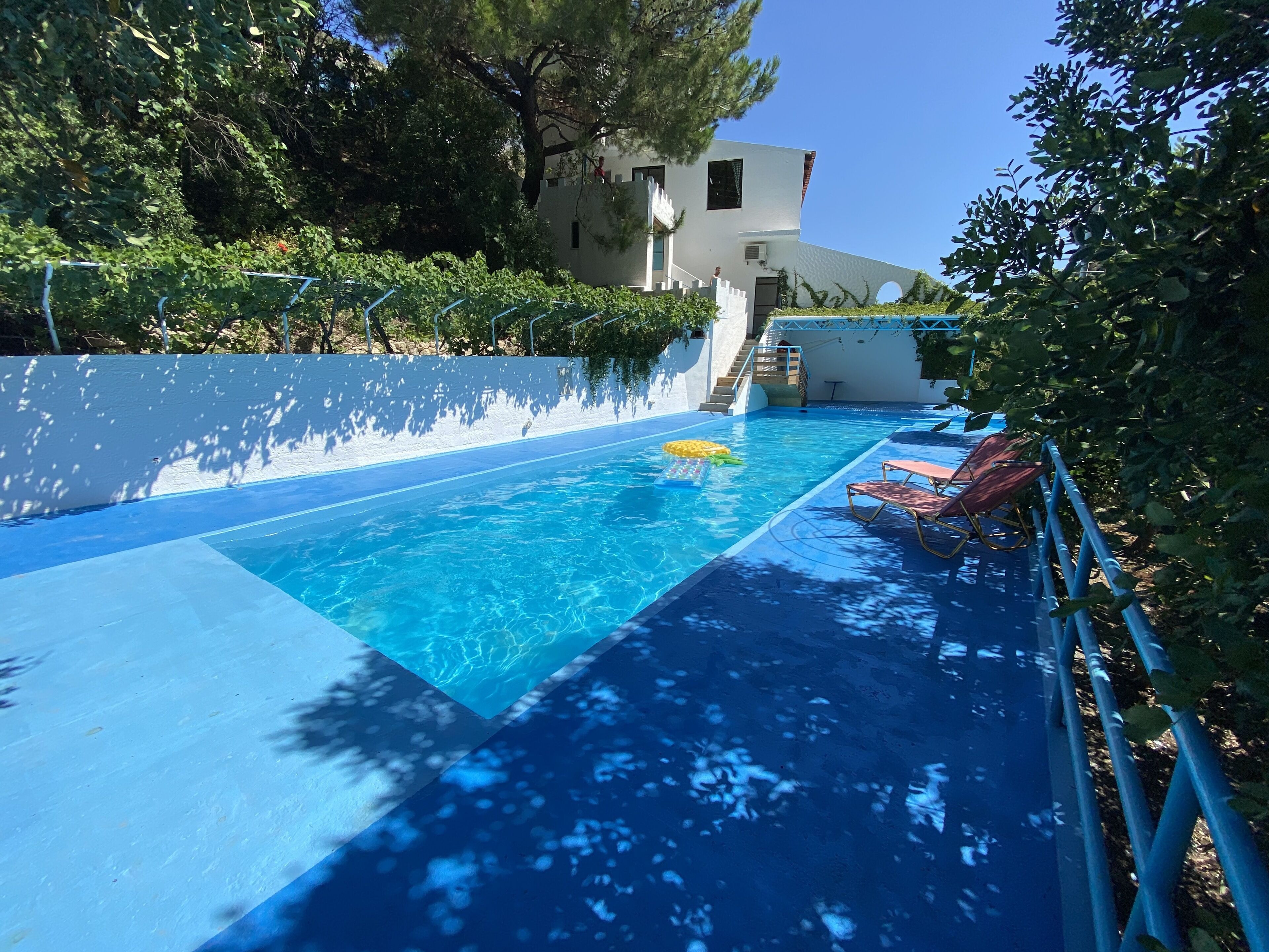 A swimming pool with clear blue water, surrounded by greenery and a white building with a staircase.