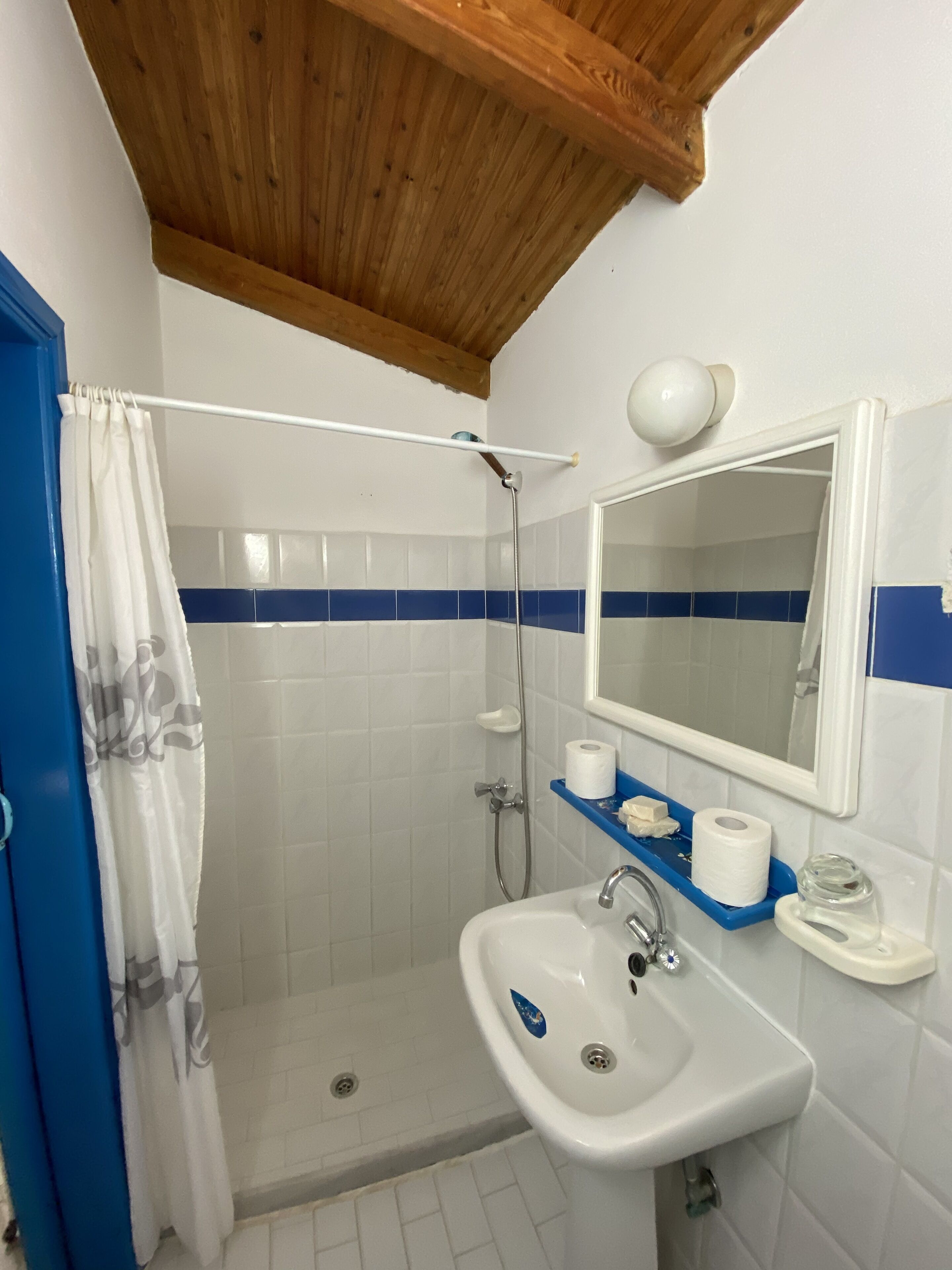 Un baño con ducha, lavamanos y espejo.