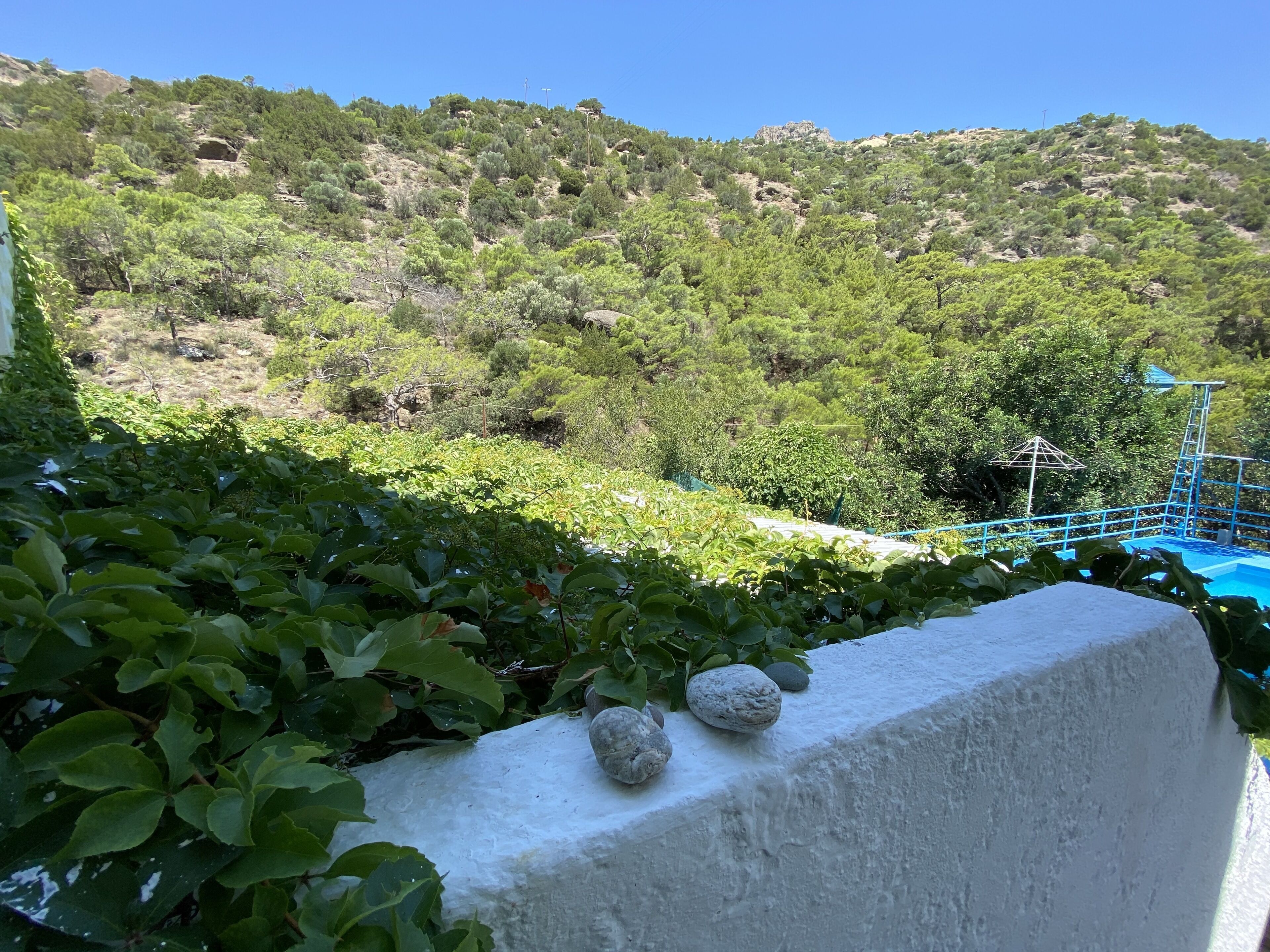 A view of a mountainous landscape with dense greenery and a clear blue sky.