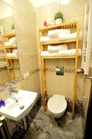 A bathroom with a sink, toilet, and towel rack.