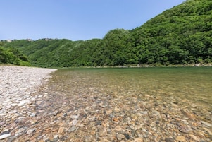 Un río transparente con lecho de piedras y colinas verdes densas al fondo.