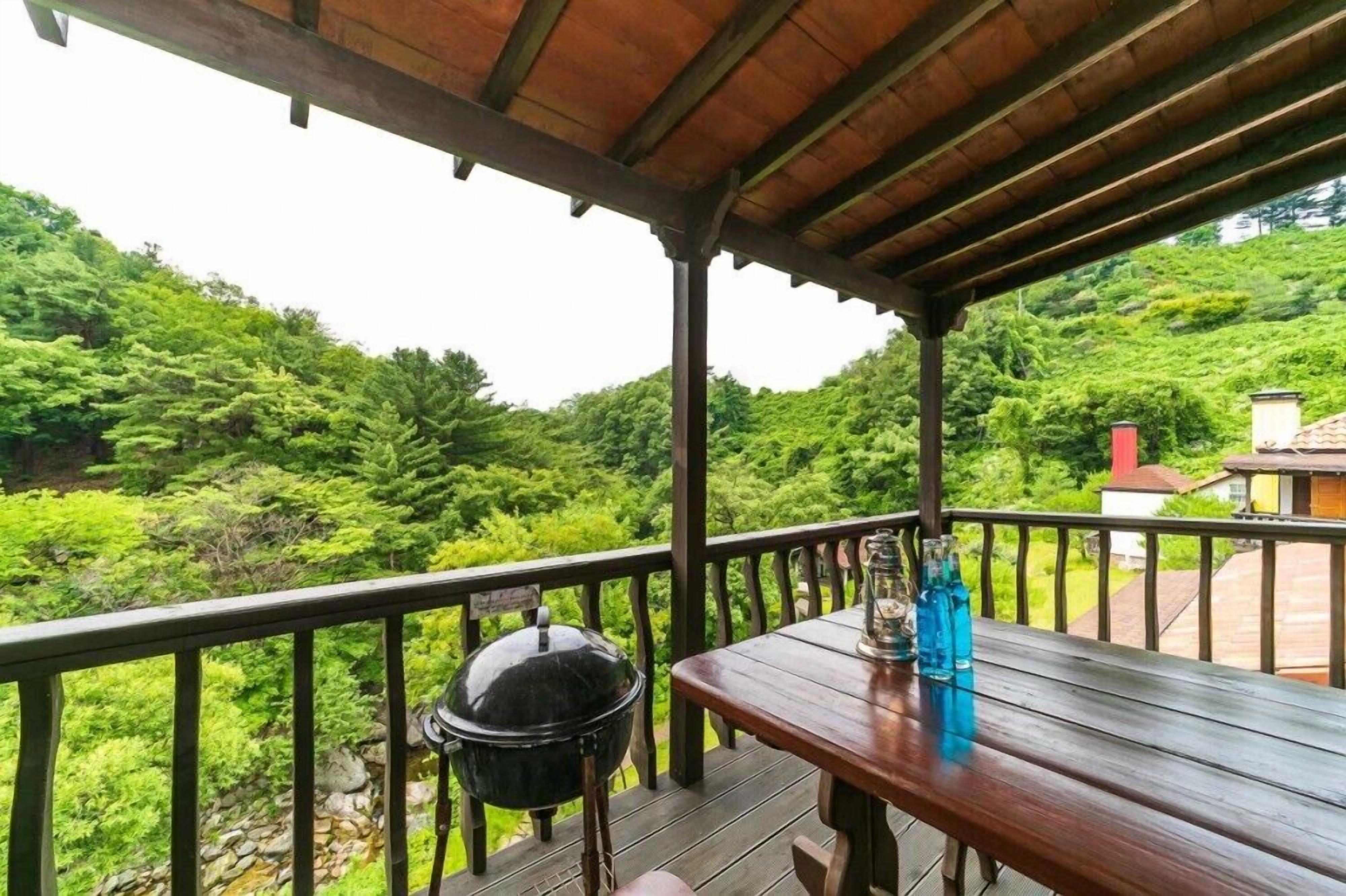 Eine Holzterrasse mit einem Grill und einem Tisch mit Flaschen, mit Blick auf eine üppige, grüne Landschaft.