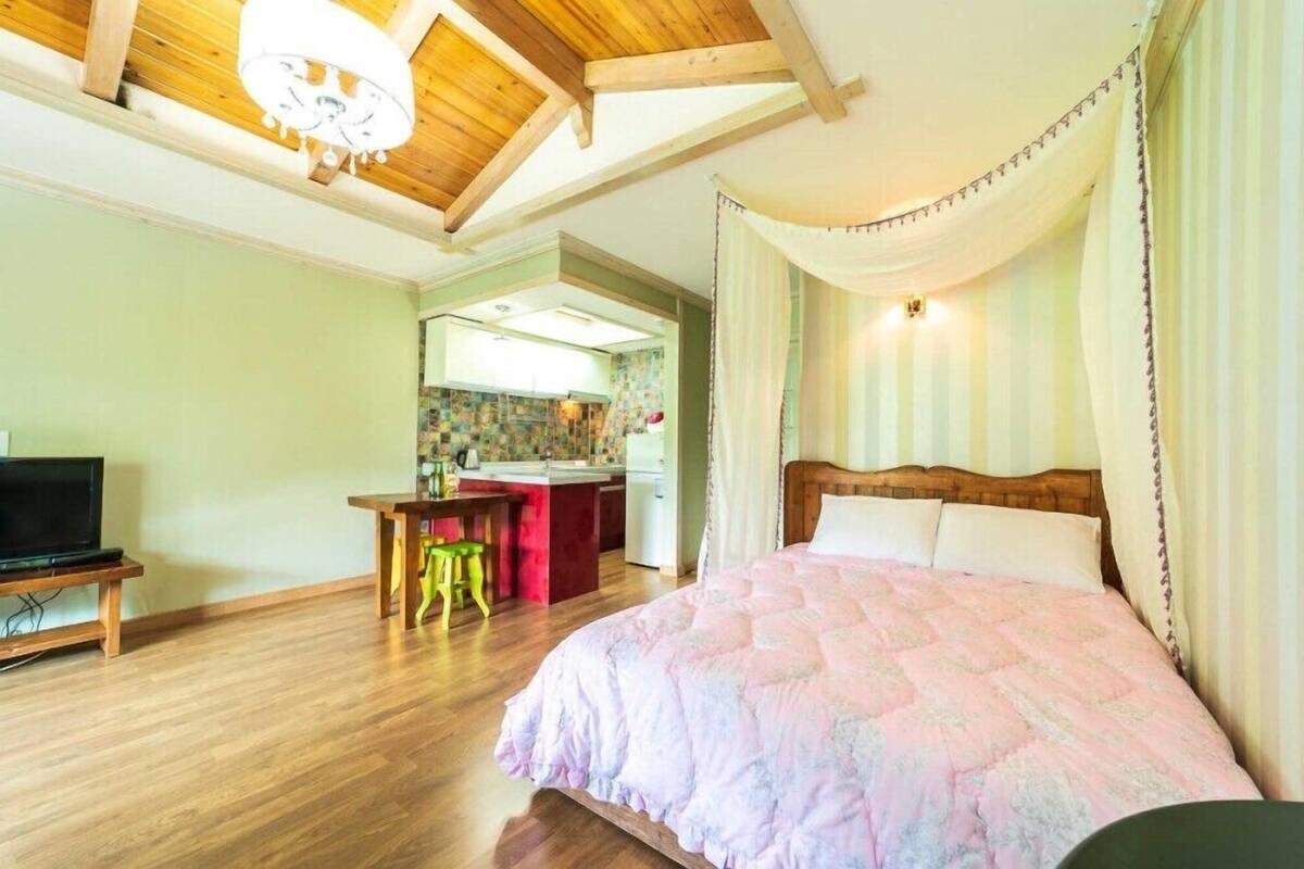 A bedroom with a wooden ceiling, a bed with a pink quilt, a TV on a stand, and a kitchenette in the background.