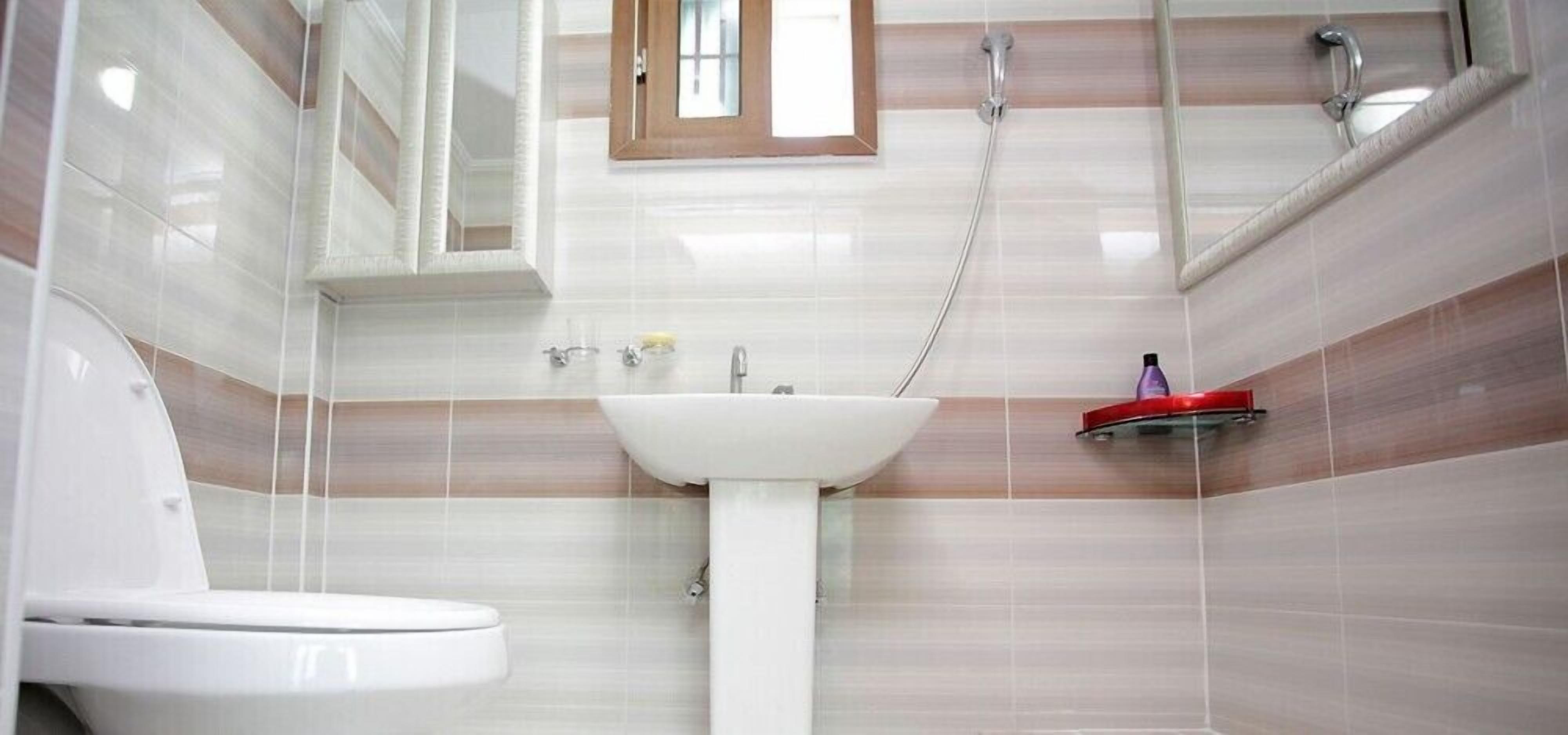 A bathroom with a white sink, a toilet, and a shower.