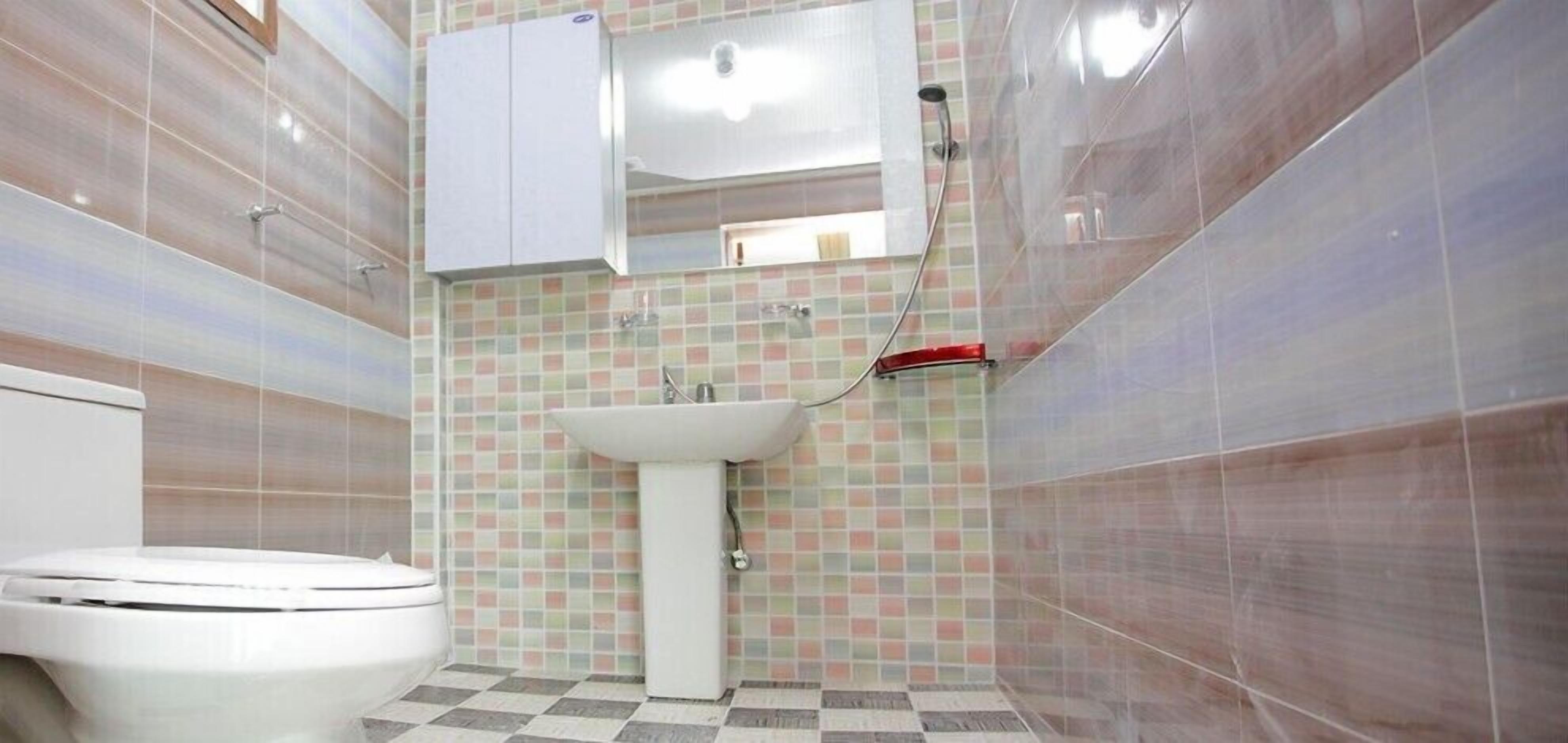Un baño con inodoro blanco, lavamanos pedestal y ducha con manguera roja.