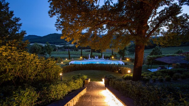 Un área de piscina con un sendero de piedra que la conduce, rodeada de abundante vegetación y árboles.