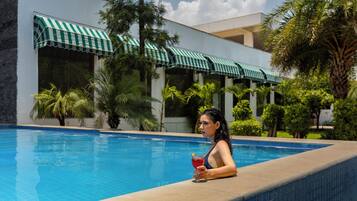 Indoor pool, outdoor pool, sun loungers