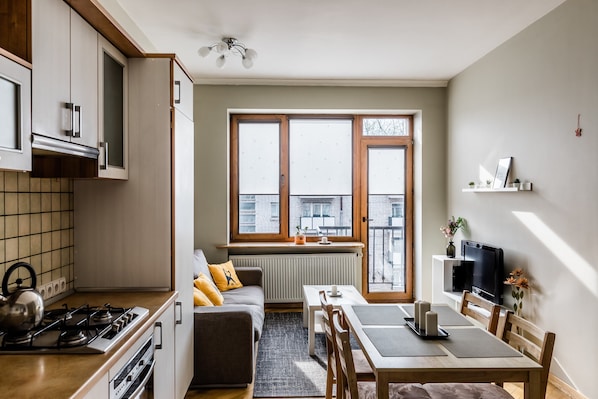 City Apartment | Living area | 107-cm flat-screen TV with cable channels, TV, heated floors