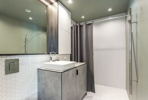 Design Apartment | Bathroom | Shower, hydromassage showerhead, designer toiletries, hair dryer - Brand New Smart House in City Center (Vilnius)