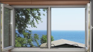 Una ventana con vista al mar y árboles.