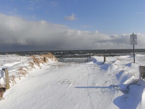 A snowy beach with a wooden fence and a signpost. - Haus Schumann - Ostsee - Halbinsel Darss - Ferienwohnung (Wieck a. Darß)