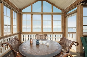 A wooden-paneled room with a large window overlooking a body of water, a round table with chairs, and a view of distant land.