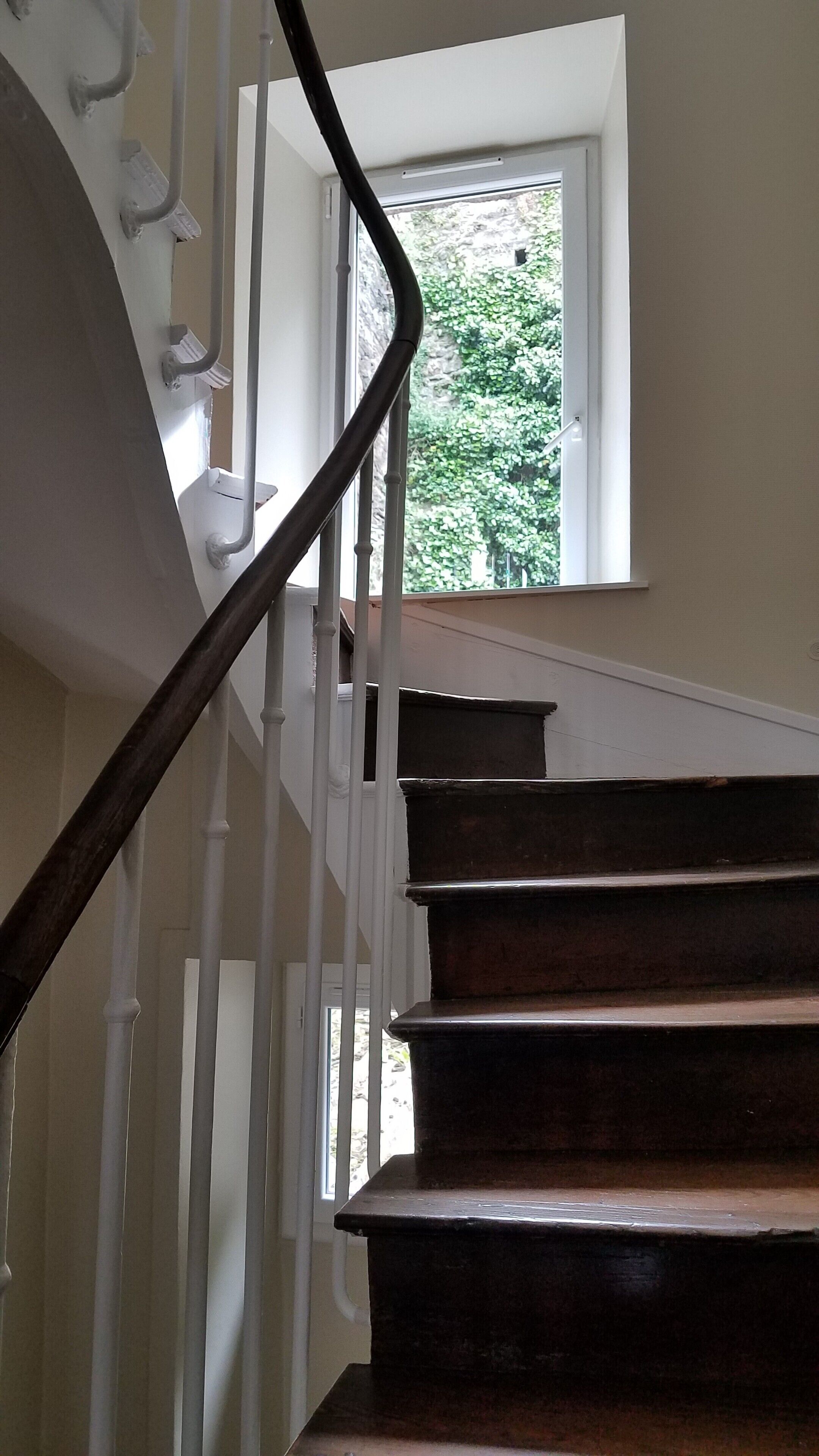 Eine Treppe mit Holzstufen und weißen Geländern.