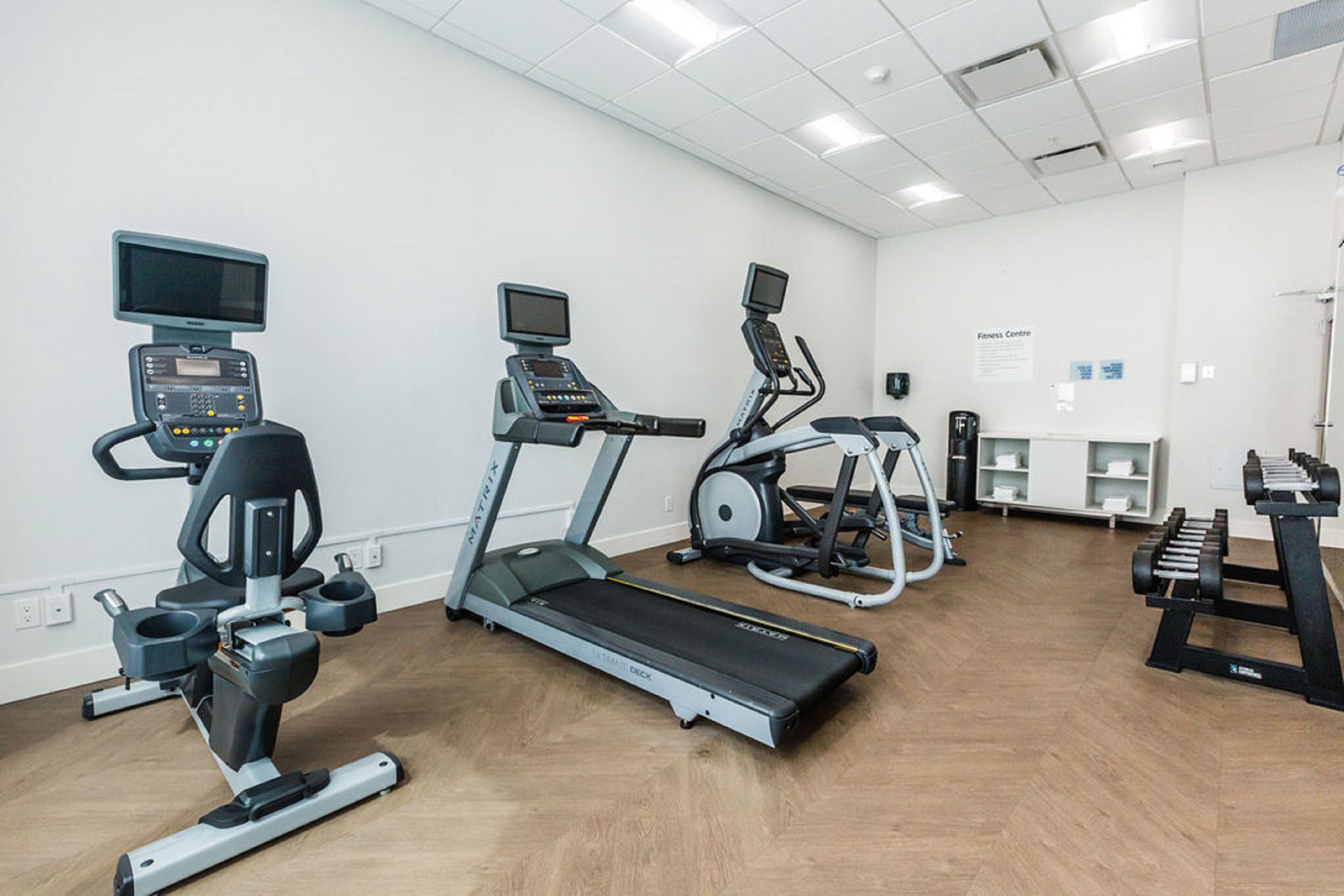 Ein Fitnessstudio mit Laufbändern, Crosstrainern und einer Gewichtshalterung.