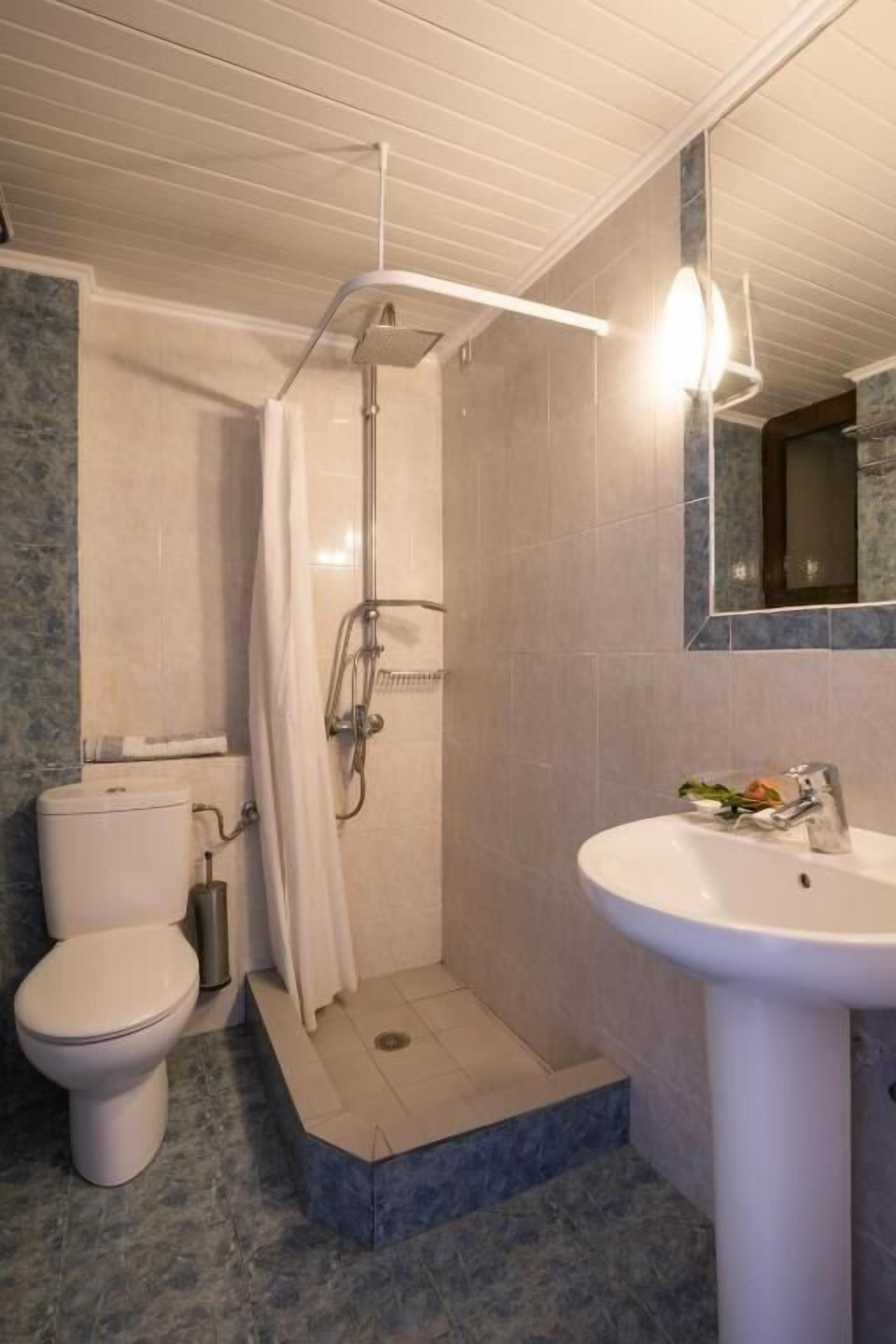 A bathroom with a shower, toilet, and sink.