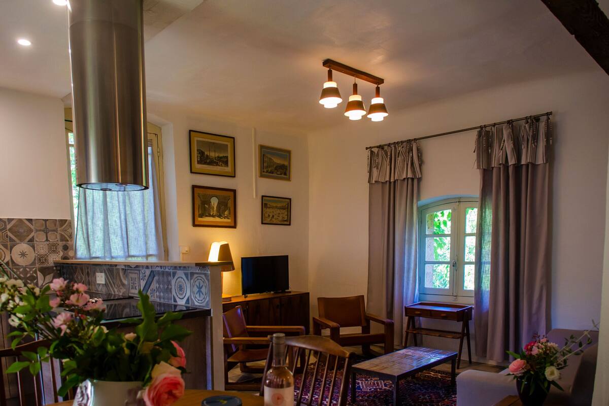 Una sala de estar acogedora con chimenea, asientos cómodos, televisión y obras de arte en las paredes.