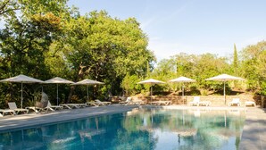 Piscina con sillas de descanso y sombrillas, rodeada de árboles.