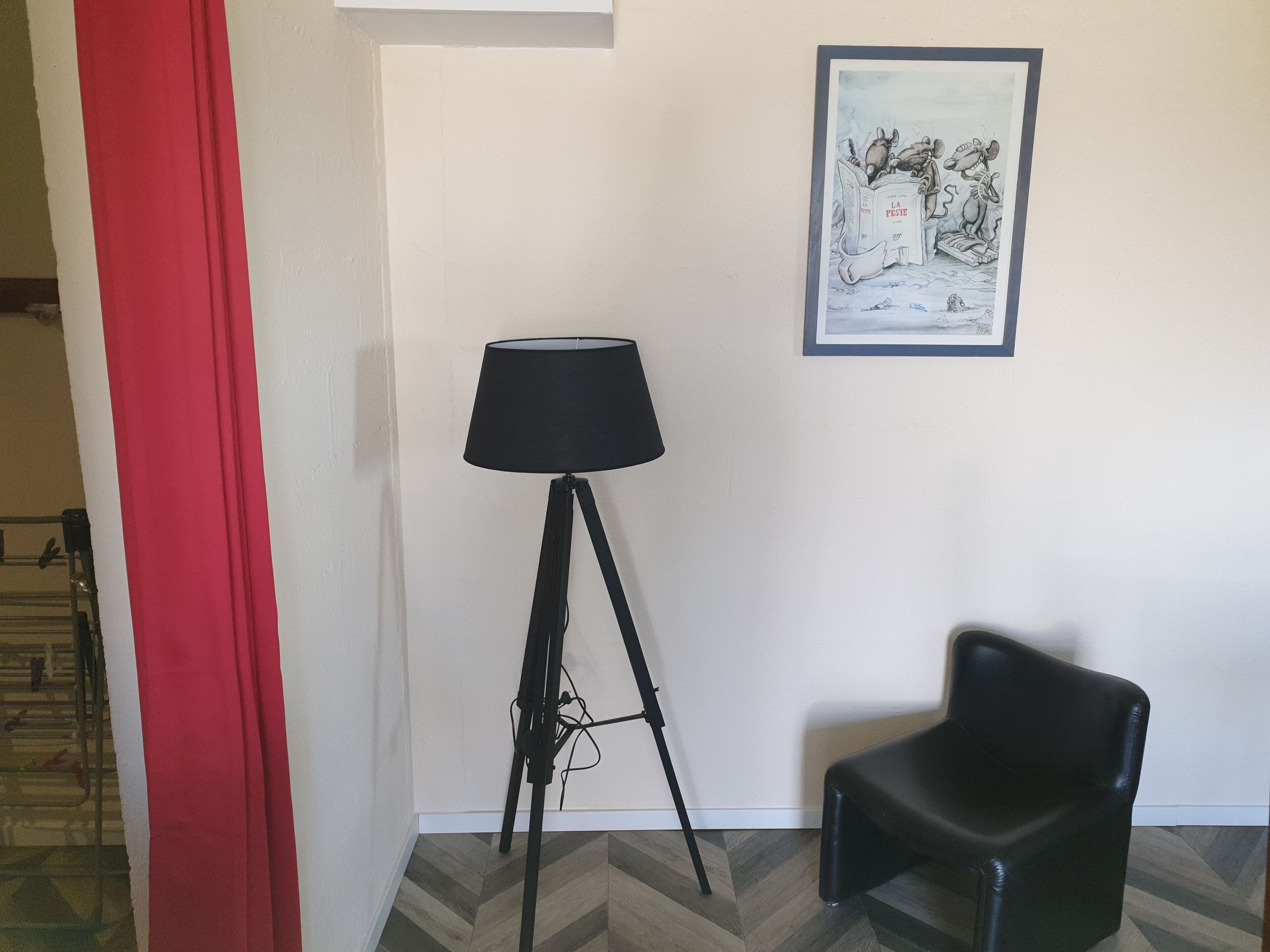 A room with a black floor lamp, a framed picture on the wall, a black chair, and a red curtain.