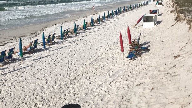 Een strand met rijen strandstoelen en parasols, een zandstrand en de oceaan op de achtergrond.