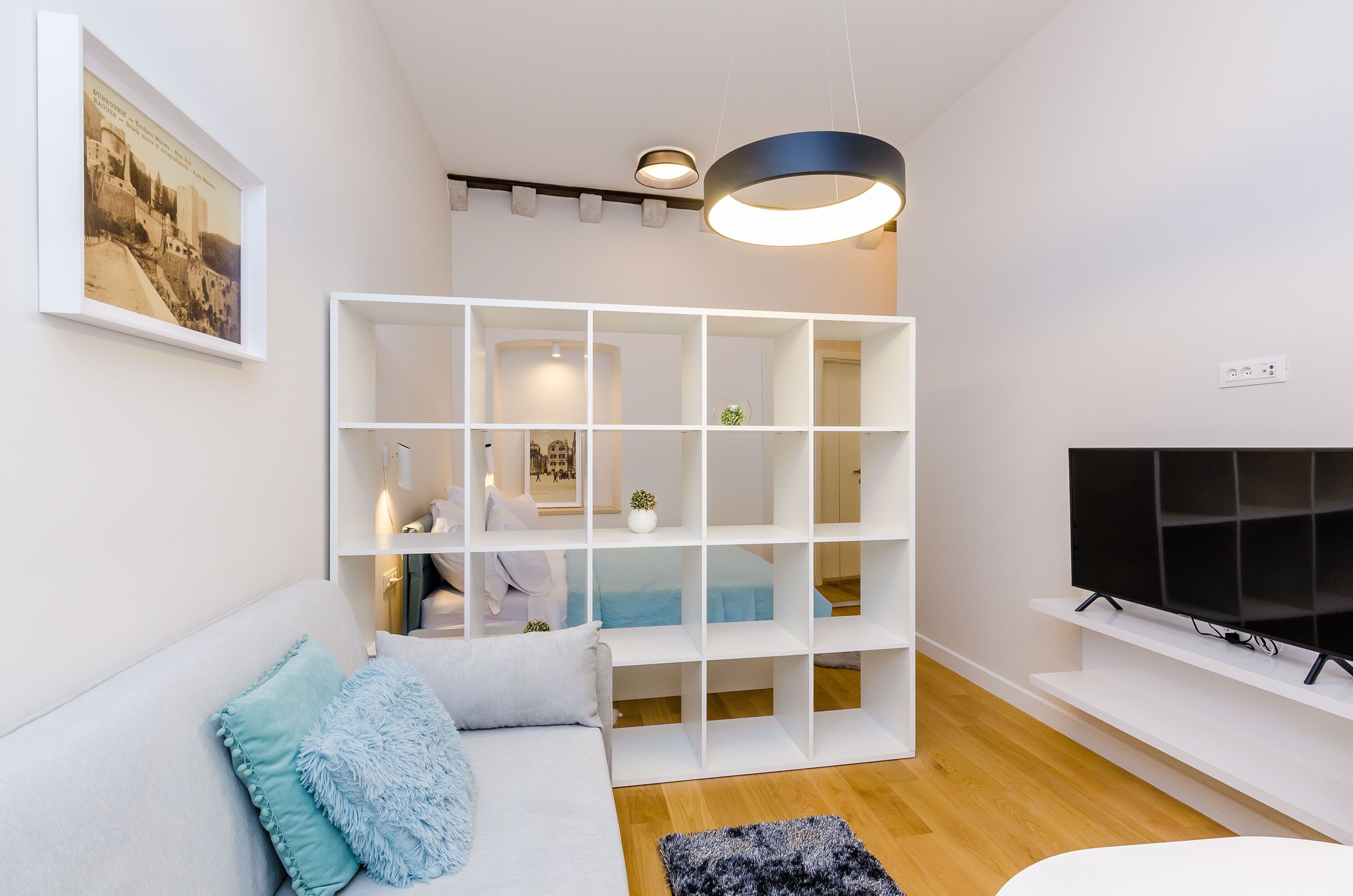 A modern living room with a white sofa, a TV on a stand, and a white shelving unit with a plant.