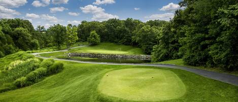 A golf course with a stone bridge, lush greenery, and a clear blue sky.