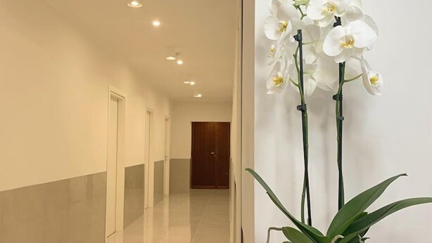 Un pasillo con una planta de orquídea blanca en una maceta blanca sobre una estantería blanca.