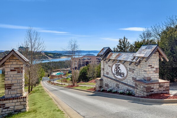 A stone building with a sign reading "The Majestic."