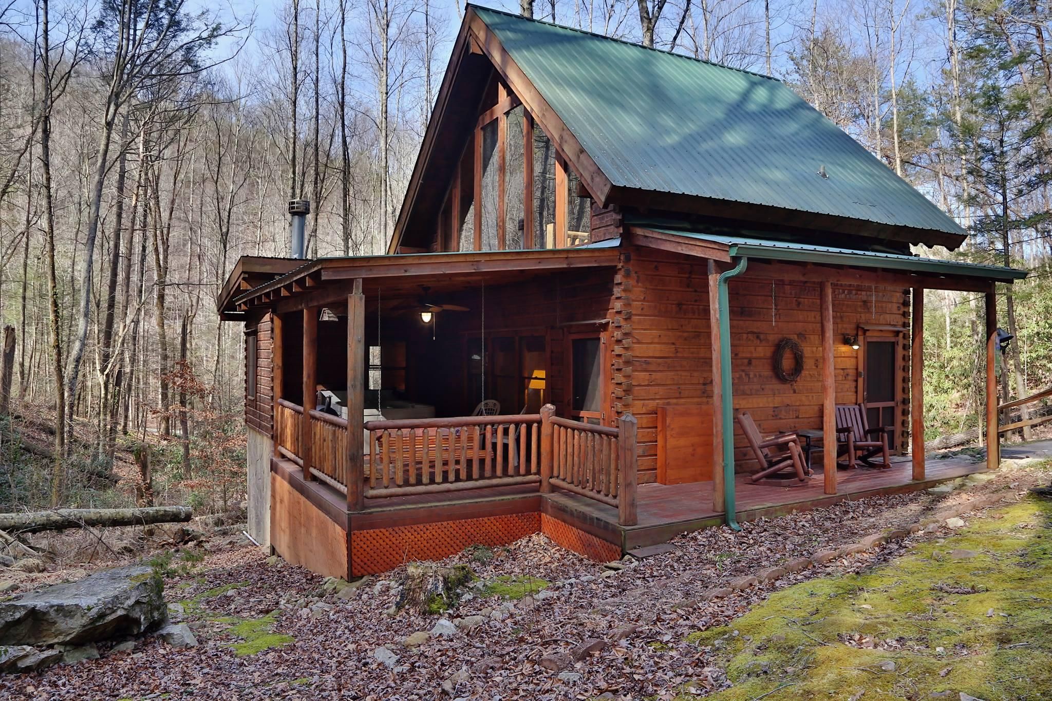Une cabane dotée d’une véranda, de grandes fenêtres et d’un toit végétalisé.