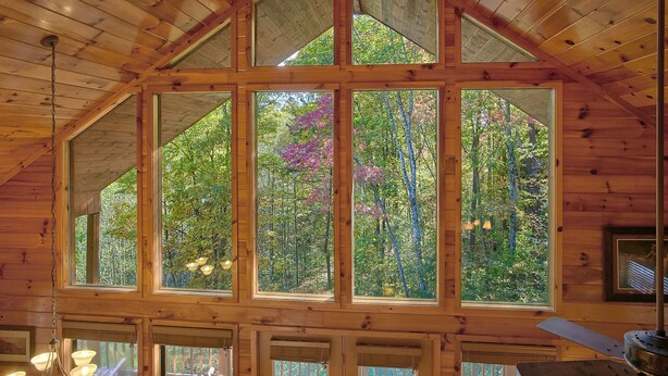 Eine Holzhütte mit großen Fenstern und Blick auf einen Wald.