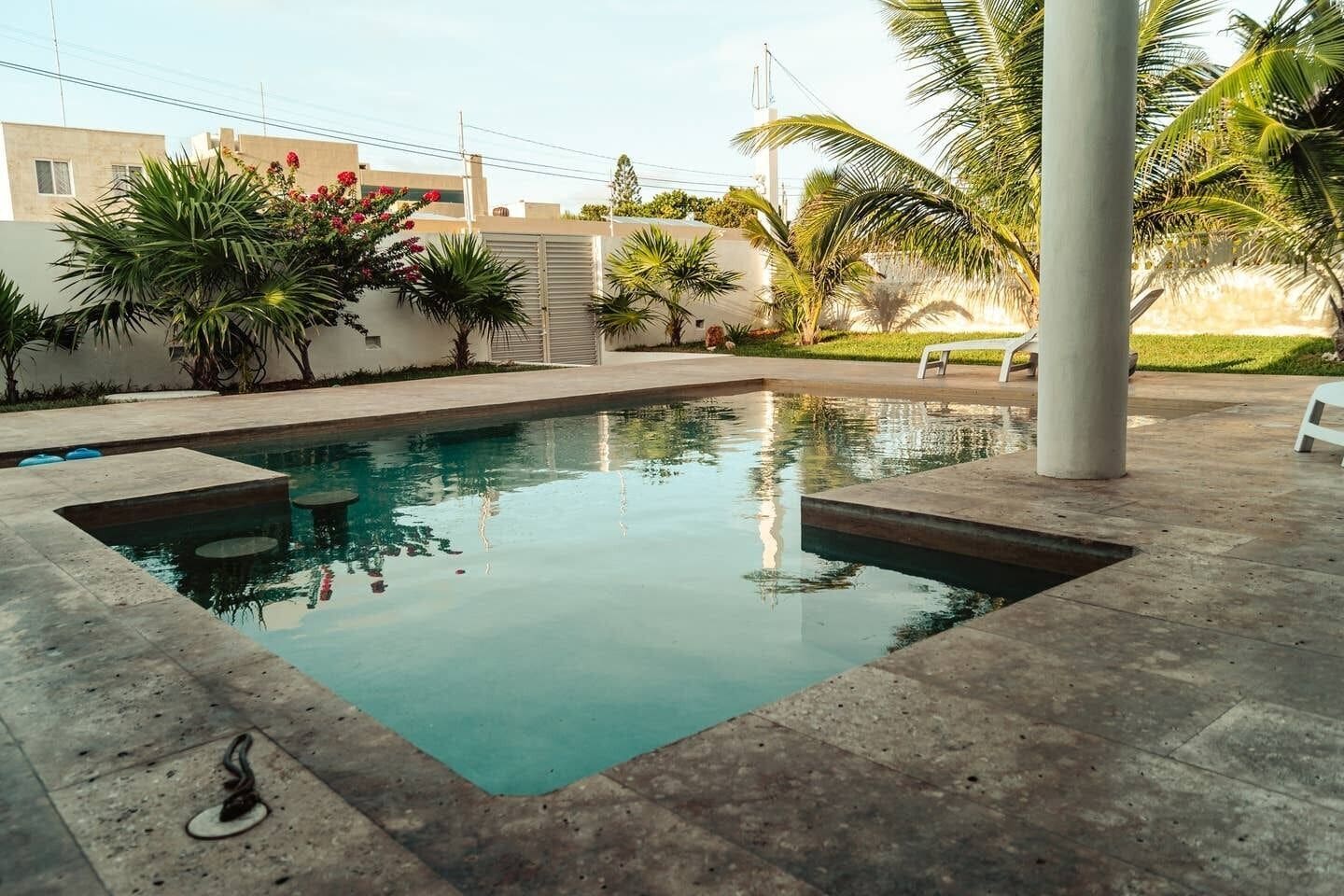 A rectangular swimming pool with a clear blue water surface, surrounded by a concrete deck and palm trees.