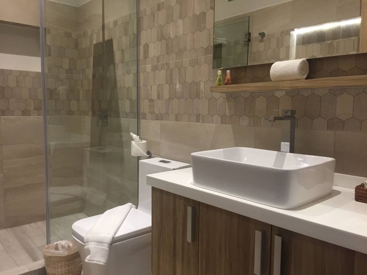 Une salle de bain moderne avec une douche à l’italienne en verre, un lavabo blanc et un meuble-vasque en bois.